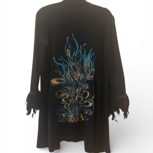Custom Black Trench Coat with Blue and Gold Embroidery and feather cuffs